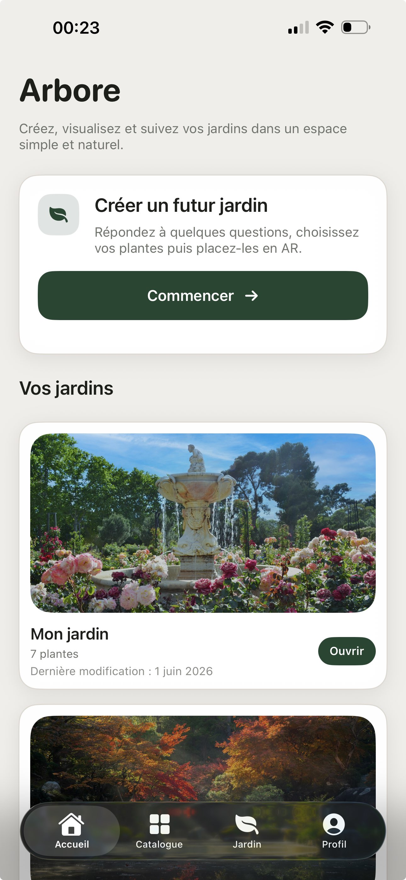 Capture de l'application Arbore affichant l'accueil et les jardins